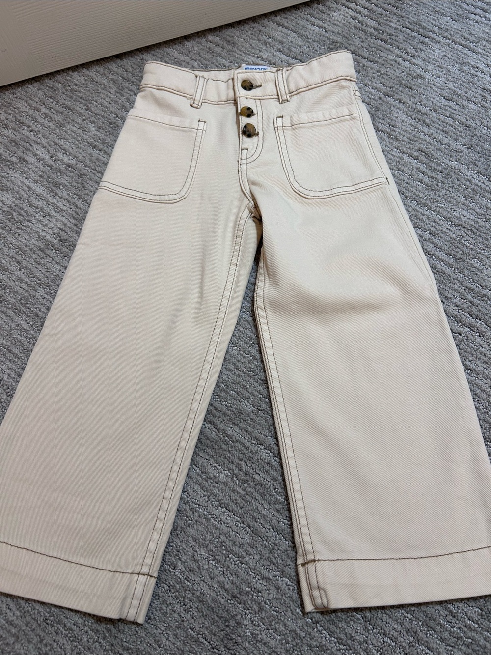 Toddler Girl Mayoral Cream Wide-Leg Canvas Pants with Button-Fly
